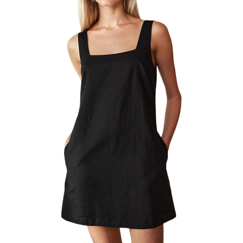 Linen Mini Dress Women Sleeveless Square Neck Summer Casual Pockets